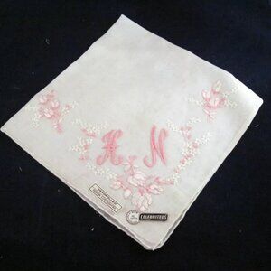 Vintage White Handkerchief W/ Pink Embroidery Monogrammed H N All Cotton Hanky